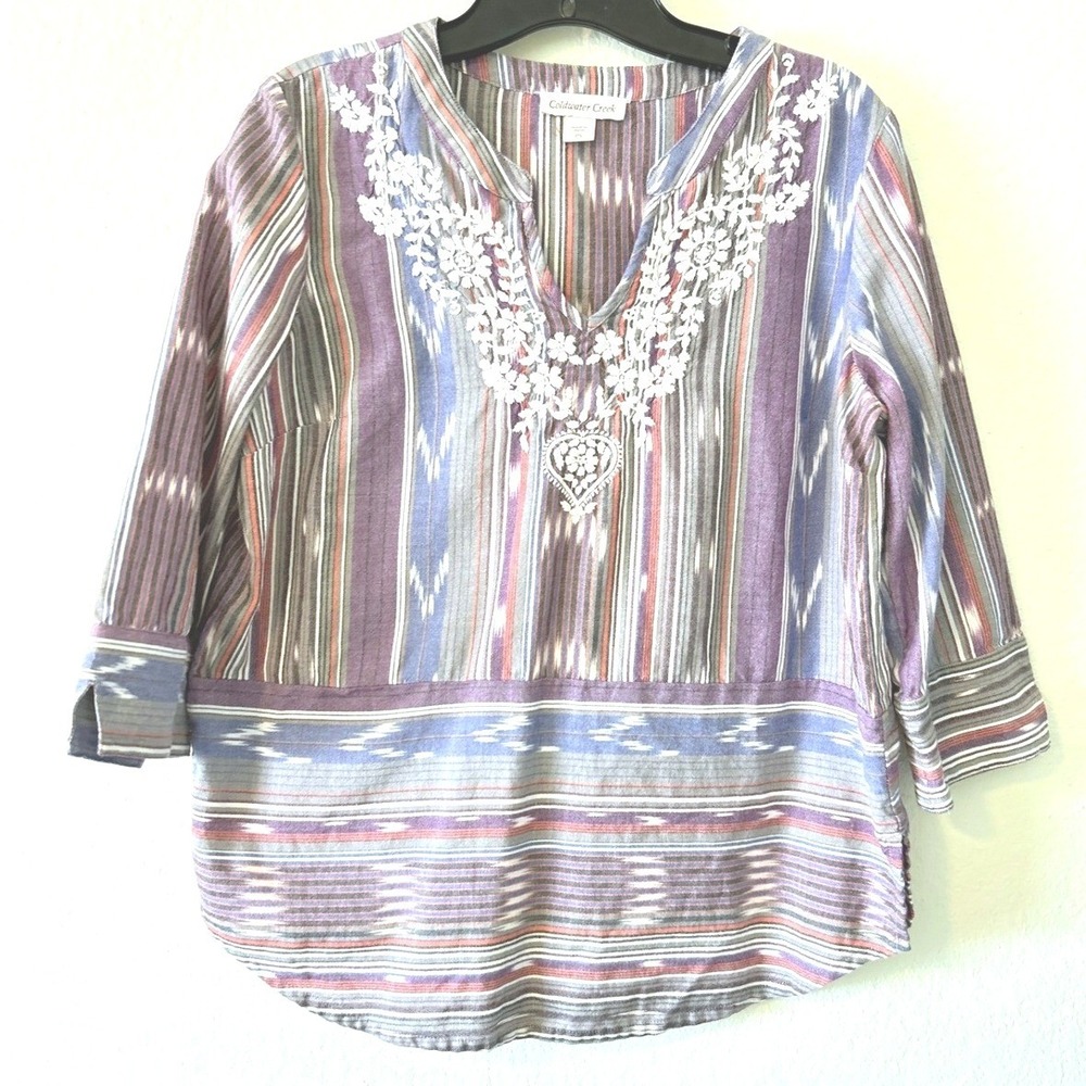 Boho‎ Cottagecore Coldwater Creek SZ PS Ikat Stripe Embroidered Cotton Tunic Top